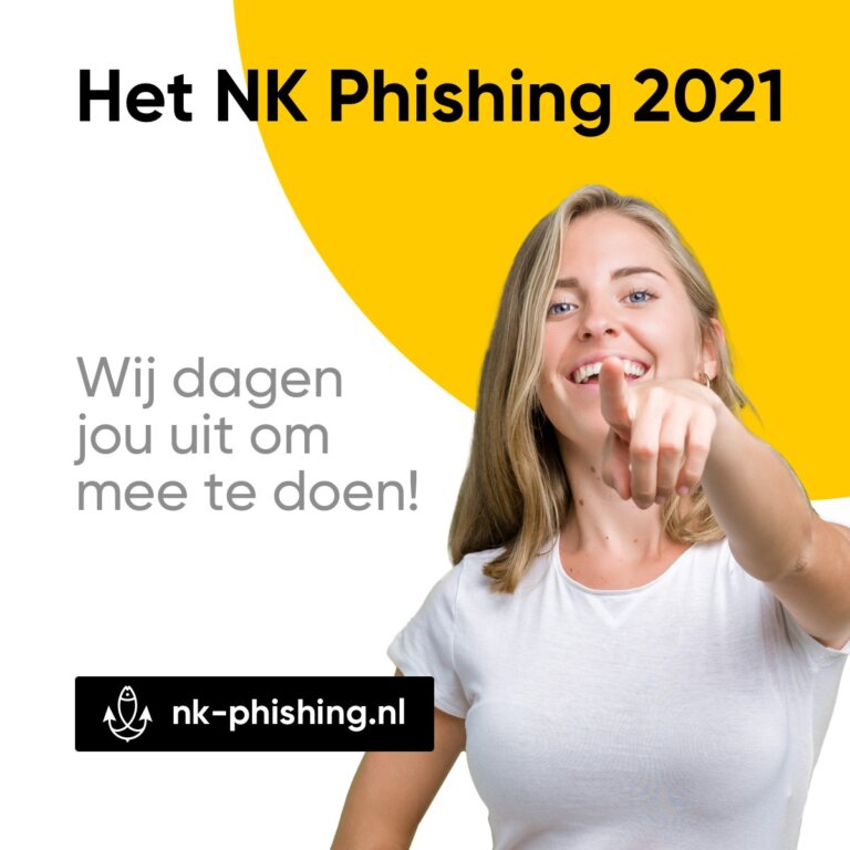Meisje in een wit t-shirt dat wijst naar de camera, tekst over een uitdaging die jij aan moet gaan: Het NK-phishing