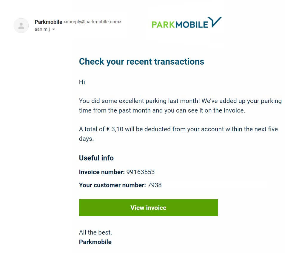 Betalingsherinnering van parkmobile-echt-geen phishing mail.