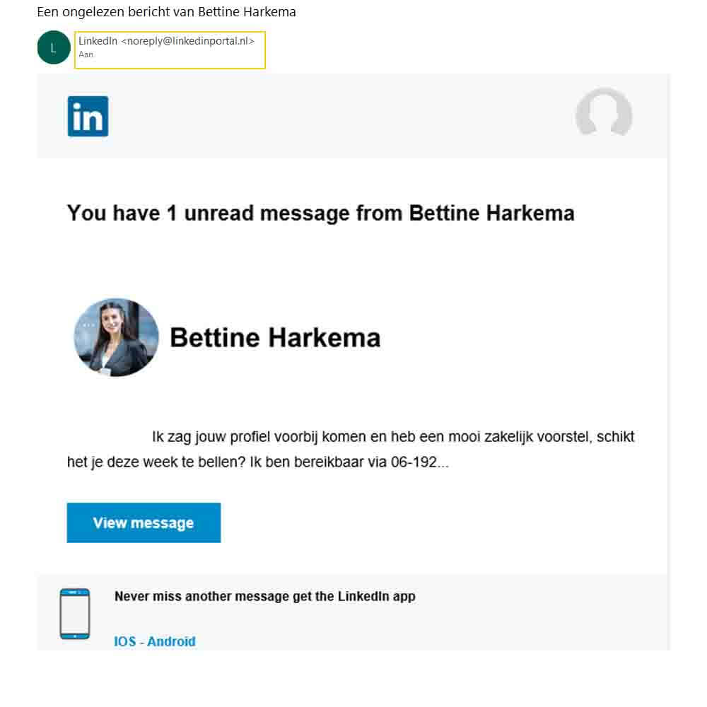 Phishingsimulatie afkomstig van LinkedIn. Nieuw bericht van Bettine Harkema. 